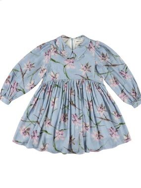 MORLEY Floral Blue Long-Sleeve Girls Dress with Collar